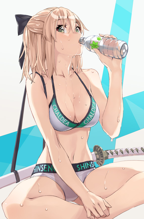 1girl bangs bare_arms bare_legs bare_shoulders bikini black_bow blonde_hair bow breasts cleavage clothes_writing collarbone drinking eyebrows_visible_through_hair fate/grand_order fate_(series) green_eyes hair_between_eyes hair_bow indian_style katana medium_breasts okita_souji_(fate)_(all) okita_souji_(swimsuit_assassin)_(fate) sheath sheathed sitting solo sweat swimsuit sword two-tone_background weapon weapon_on_back wet white_bikini yahako