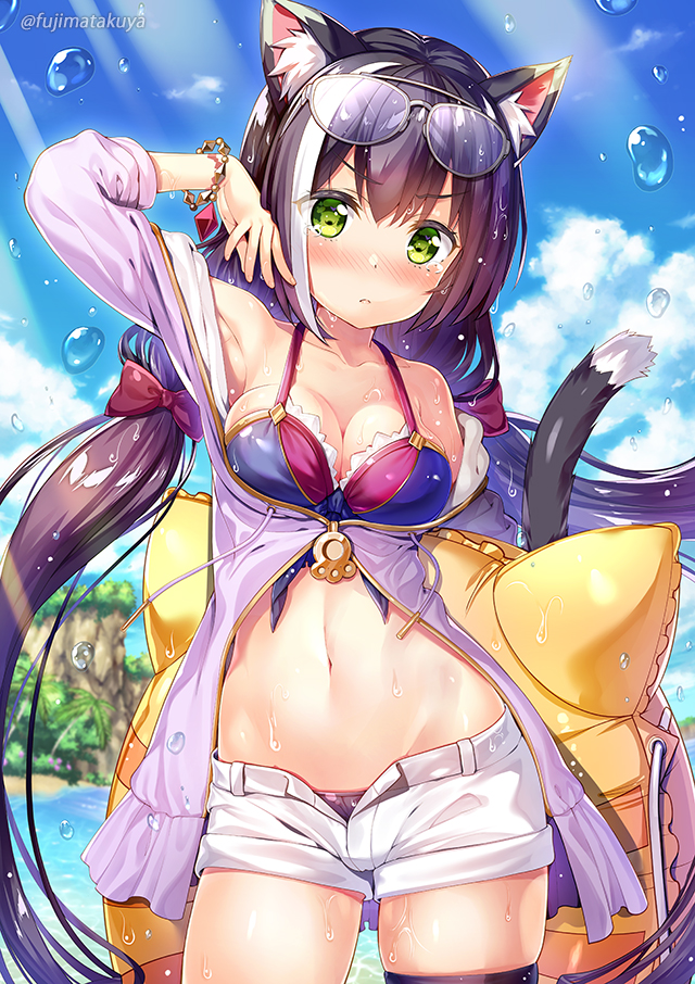 1girl :&lt; animal_ears arm_up armpits bangs bikini blush bow breasts cat_ears cat_girl cat_tail cleavage closed_mouth collarbone cowboy_shot day eyebrows_visible_through_hair eyewear_on_head fujima_takuya green_eyes hair_bow innertube jacket karyl_(princess_connect!) light_rays long_hair long_sleeves looking_at_viewer low_twintails medium_breasts multicolored multicolored_bikini multicolored_clothes navel open_clothes open_fly open_jacket open_shorts outdoors princess_connect! princess_connect!_re:dive purple_bow purple_hair purple_jacket shorts skindentation solo stomach sunbeam sunglasses sunlight swimsuit tail tears thigh_strap twintails very_long_hair water water_drop wet wet_hair white-framed_eyewear white_shorts