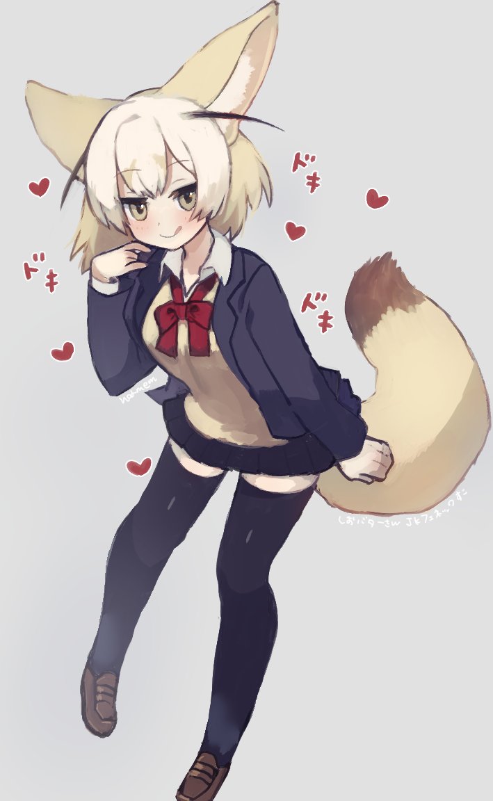 1girl :p alternate_costume animal_ears beige_sweater blonde_hair blush bow bowtie collared_shirt commentary_request eyebrows_visible_through_hair fennec_(kemono_friends) fox_ears fox_girl fox_tail full_body green_eyes heart ichi001 jacket kemono_friends long_sleeves multicolored_hair navy_blue_jacket navy_blue_legwear navy_blue_skirt necktie pleated_skirt red_neckwear school_uniform shirt short_hair skirt solo tail thighhighs tongue tongue_out white_hair white_shirt zettai_ryouiki