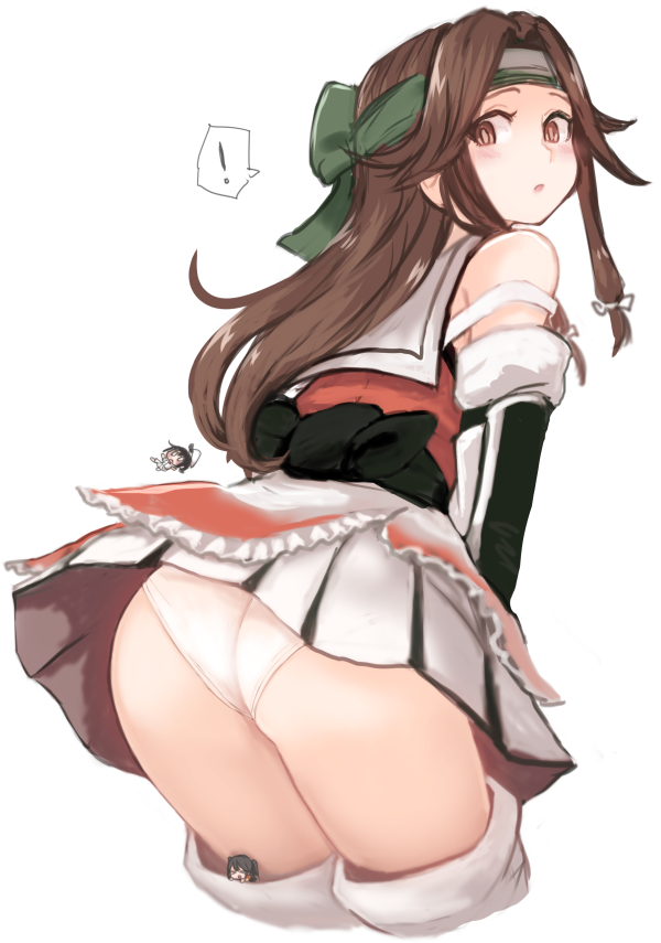 ! 3girls ass bare_shoulders blush brown_eyes brown_hair commentary_request cropped_legs detached_sleeves elbow_gloves fairy_(kantai_collection) female_admiral_(kantai_collection) forehead_protector gloves hair_intakes half_updo jintsuu_(kantai_collection) kantai_collection long_hair looking_at_another looking_back multiple_girls open_mouth panties pleated_skirt sendai_(kantai_collection) skirt speech_bubble spoken_exclamation_mark thighhighs thighs underwear utopia white_background white_panties
