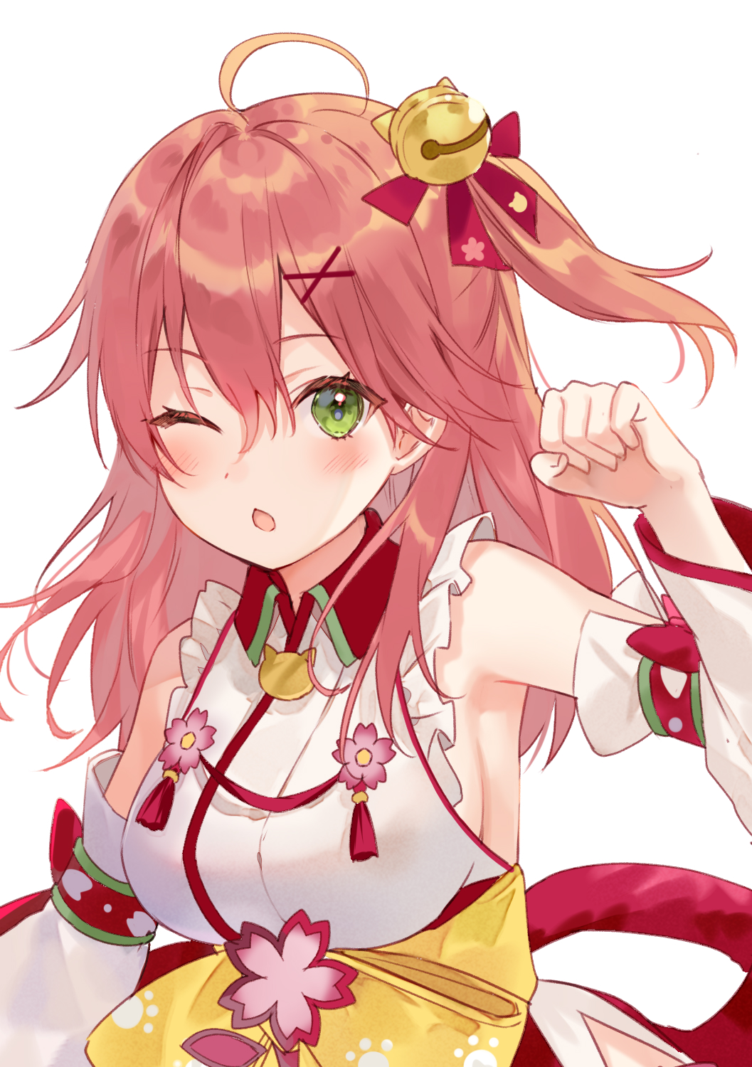 1girl ;o ahoge armpits bell breasts chestnut_mouth clenched_hand detached_sleeves fukahire_(ruinon) green_eyes hair_bell hair_between_eyes hair_ornament hairclip highres hololive long_hair one_eye_closed open_mouth paw_pose paw_print_pattern pink_hair sakura_miko sideboob solo virtual_youtuber white_background x_hair_ornament