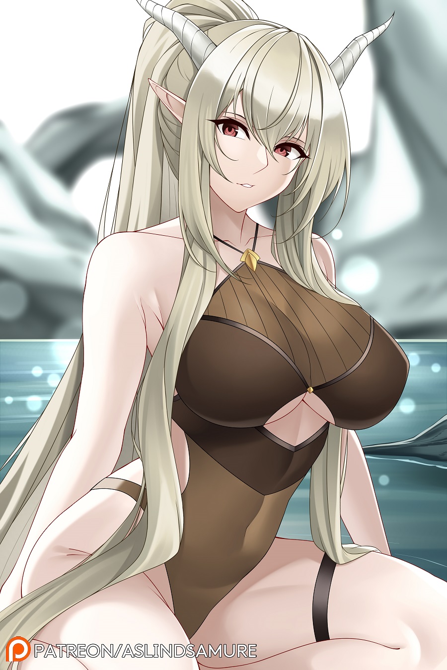1girl arknights armpit_crease aslindsamure banned_artist bare_legs breasts brown_swimsuit collarbone commentary covered_navel cowboy_shot demon_horns english_commentary hair_between_eyes highres horns large_breasts long_hair looking_at_viewer one-piece_swimsuit parted_lips patreon_username pointy_ears ponytail red_eyes shining_(arknights) silver_hair sitting skin_tight smile solo swimsuit thigh_strap thighs underboob underboob_cutout
