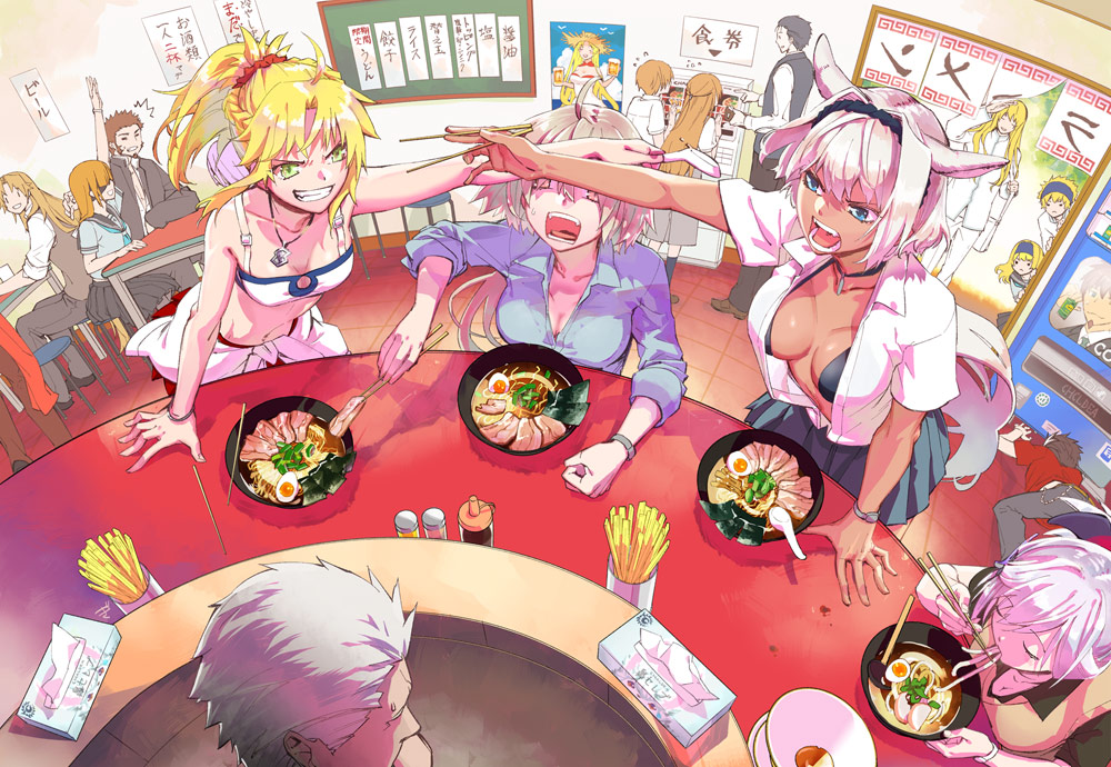 adele_(fate) ahoge animal_ears archer breasts caenis_(fate) castor_(fate/grand_order) chiron_(fate) chopsticks cleavage dark_skin eating europa_(fate/grand_order) eyepatch fate/grand_order fate_(series) food grin hector_(fate/grand_order) jeanne_d'arc_(alter)_(fate) jeanne_d'arc_(fate)_(all) jewelry kirschtaria_wodime makarios_(fate) mandricardo_(fate/grand_order) miyamoto_musashi_(fate/grand_order) mordred_(fate) mordred_(fate)_(all) napoleon_bonaparte_(fate/grand_order) noodles ophelia_phamrsolone pendant pollux_(fate/grand_order) ponytail ramen restaurant sherlock_holmes_(fate/grand_order) siblings sitting smile spoon tissue_box twins udon vending_machine