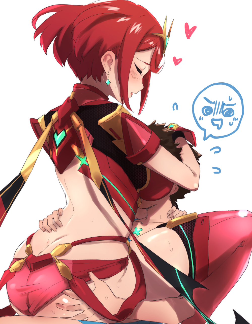 1boy 1girl armor ass ass_grab back bad_id bad_pixiv_id breast_smother breasts brown_hair butt_crack closed_eyes earrings gem grabbing headpiece highres homura_(xenoblade_2) hug jewelry large_breasts mokki nervous red_hair red_shorts rex_(xenoblade_2) sex short_hair short_shorts shorts shoulder_armor sitting thighhighs tiara xenoblade_(series) xenoblade_2