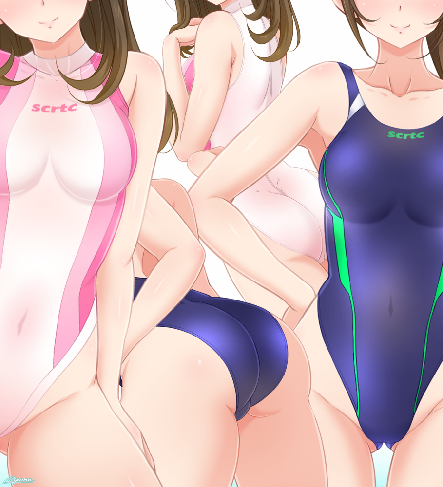 2girls ass ass_visible_through_thighs ayumu_(ayumumkrg) bikini black_hair breasts brown_eyes collarbone competition_swimsuit contrapposto full_body hands_on_hips hayami_sena head_out_of_frame highleg highleg_swimsuit long_hair looking_at_viewer mashin_sentai_kiramager medium_breasts multiple_girls multiple_views one-piece_swimsuit ooharu_sayo ponytail small_breasts standing super_sentai swimsuit turtleneck white_bikini zoom_layer