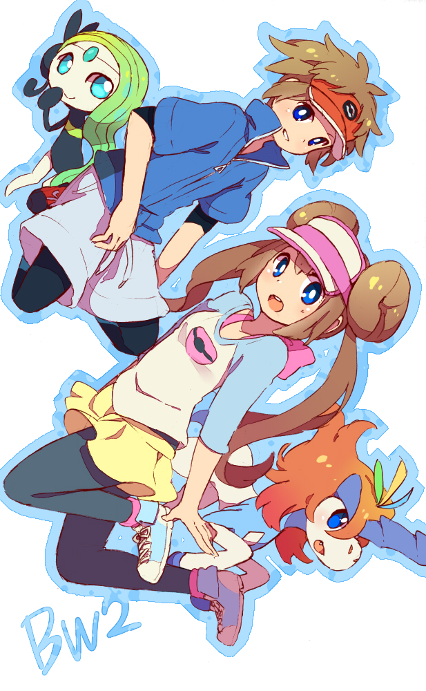 1boy 1girl :d blue_eyes blue_outline breasts closed_mouth commentary_request copyright_abbreviation copyright_name creature double_bun fang full_body gen_5_pokemon green_hair horn keldeo keldeo_(resolute) kyouhei_(pokemon) long_hair looking_at_viewer mei_(pokemon) meloetta meloetta_(aria) mythical_pokemon open_mouth outline pokemon pokemon_(creature) pokemon_(game) pokemon_bw2 shoelaces shoes simple_background small_breasts smile sneakers twintails ukata white_background