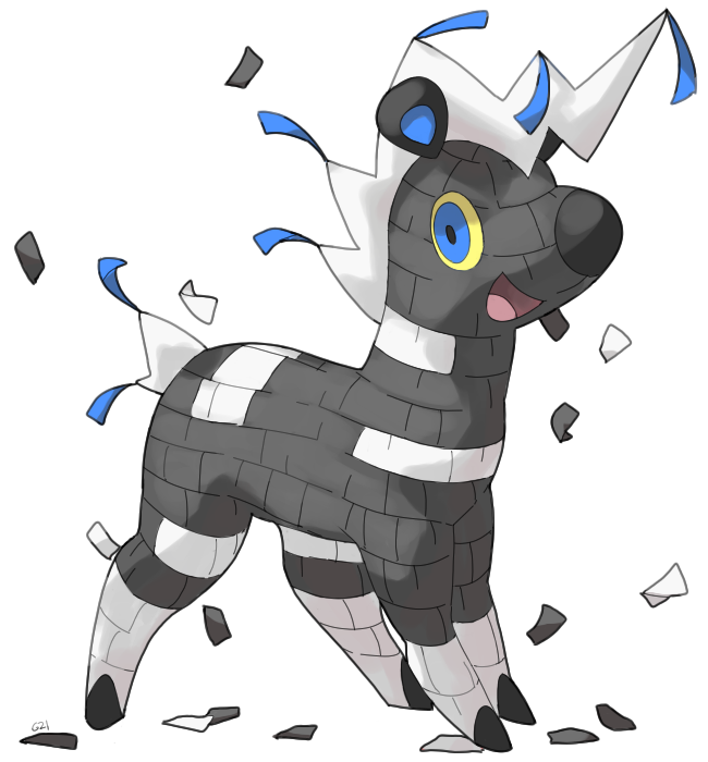 :d blitzle blue_eyes commentary creature english_commentary full_body gen_5_pokemon no_humans open_mouth pinata pinkgermy pokemon pokemon_(creature) smile solo standing submission transparent_background
