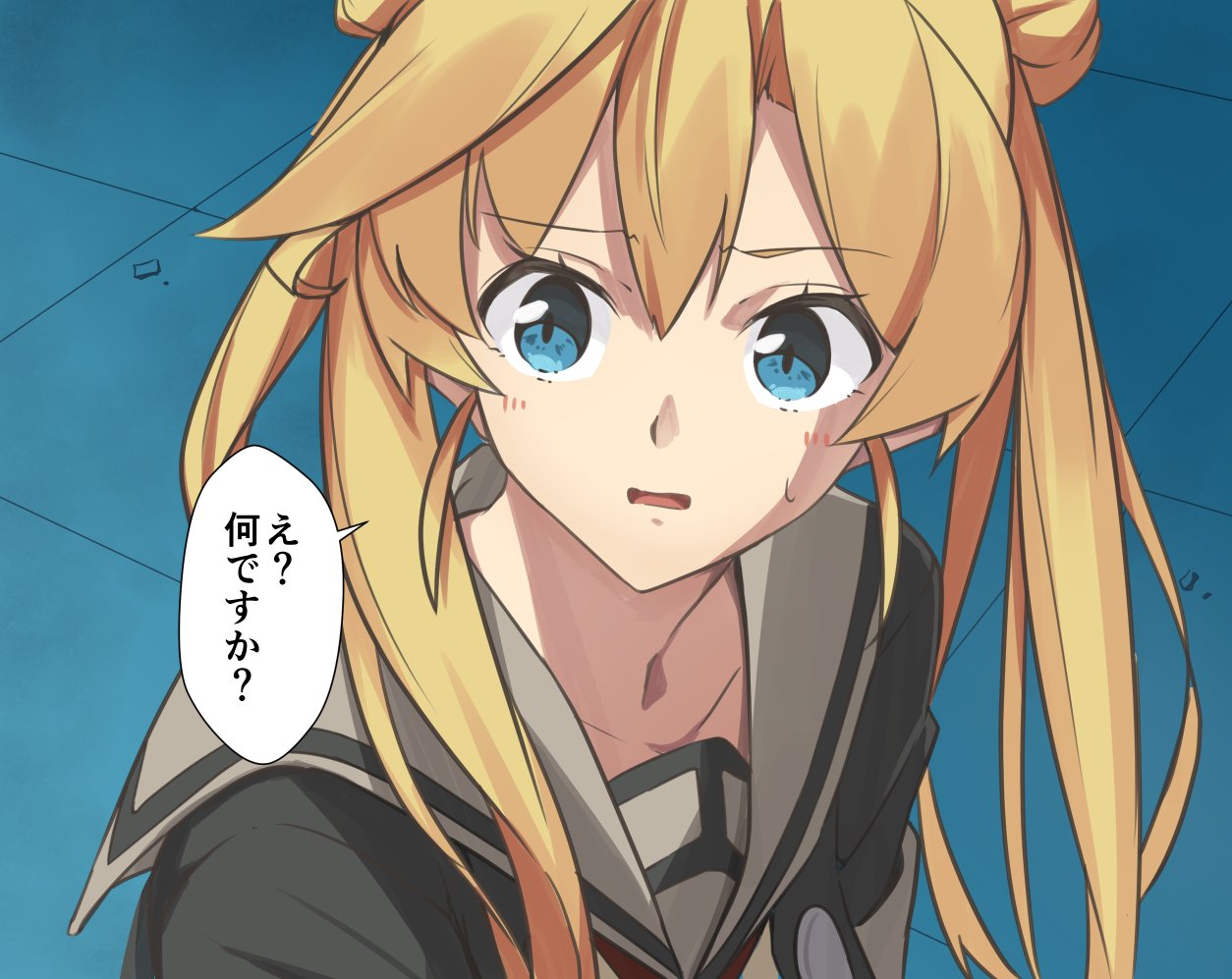 1girl abukuma_(kantai_collection) bangs blonde_hair blue_eyes blush commentary_request derivative_work double_bun eyebrows_visible_through_hair hair_between_eyes kantai_collection long_hair negahami open_mouth remodel_(kantai_collection) sailor_collar sailor_moon_redraw_challenge solo sweat translation_request upper_body