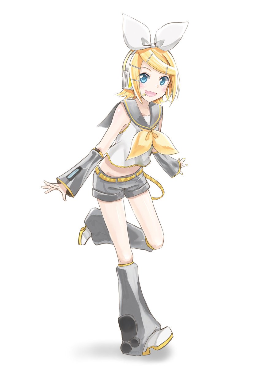 1girl agonasubi arm_warmers bangs bare_shoulders black_collar blonde_hair blue_eyes bow collar commentary crop_top fang grey_collar grey_legwear grey_shorts grey_sleeves hair_bow hair_ornament hairclip headphones headset highres kagamine_rin leg_up leg_warmers light_blush looking_at_viewer midriff neckerchief sailor_collar school_uniform shirt short_hair short_shorts short_sleeves shorts skin_fang smile solo standing swept_bangs vocaloid white_background white_bow white_shirt yellow_neckwear