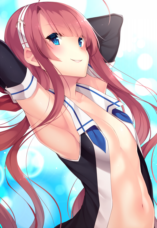 1girl ahoge armpits bare_shoulders black_serafuku blue_eyes blush collarbone detached_sleeves eyebrows_visible_through_hair flat_chest hairband kantai_collection kawakaze_(kantai_collection) long_hair navel red_hair school_uniform serafuku smile solo upper_body white_hairband xayux