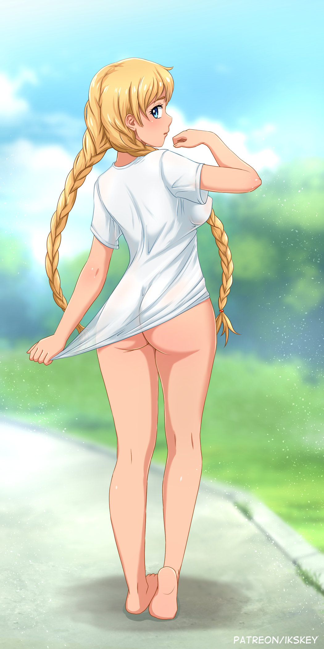 1girl ass barefoot blonde_hair blue_eyes blurry blurry_background bottomless braid breasts commentary day everlasting_summer from_behind full_body hand_up highres huyase kneepits large_breasts long_hair looking_at_viewer looking_back outdoors patreon_username shirt shirt_tug short_sleeves slavya-chan solo twin_braids very_long_hair white_shirt