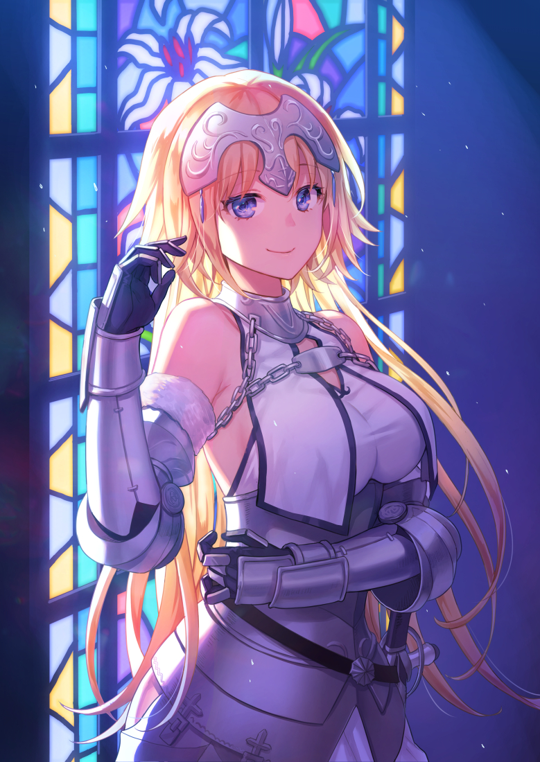 1girl armor armored_dress backlighting bangs bare_shoulders blonde_hair breasts chain closed_mouth dress eyebrows_visible_through_hair fate/grand_order fate_(series) gauntlets hand_up headpiece indoors jeanne_d'arc_(fate) jeanne_d'arc_(fate)_(all) long_hair medium_breasts purple_hair sheath sheathed sleeveless sleeveless_dress smile solo stained_glass sword underbust upper_body very_long_hair weapon white_dress window yamyom