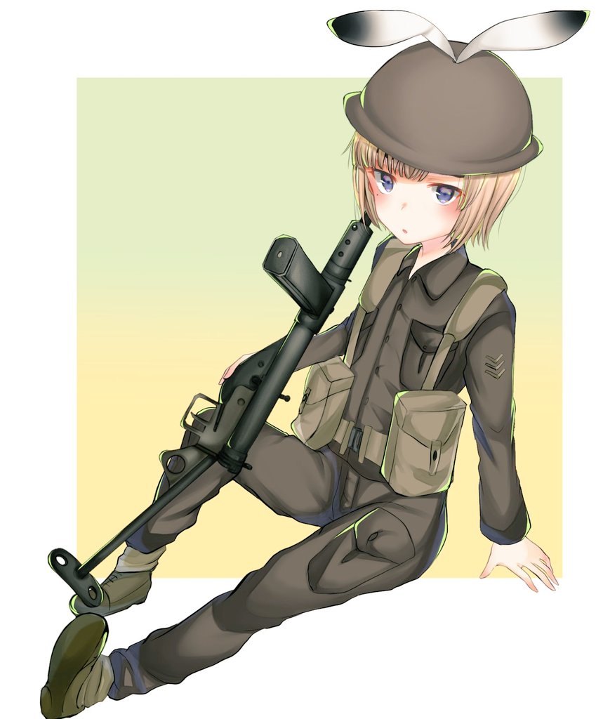 1boy akuaku_(vtuber) animal_ears bangs blonde_hair blue_eyes border bunny_ears check_gender check_weapon collared_shirt commentary_request copyright_request full_body gradient gradient_background green_background green_footwear green_pants green_shirt gun hand_on_weapon helmet light_blush long_sleeves looking_at_viewer male_focus military military_rank_insignia military_uniform mole mole_under_eye ojisanda original outside_border pants pouch shirt short_hair simple_background sitting sten_gun uniform virtual_youtuber weapon weapon_request white_border wing_collar yellow_background