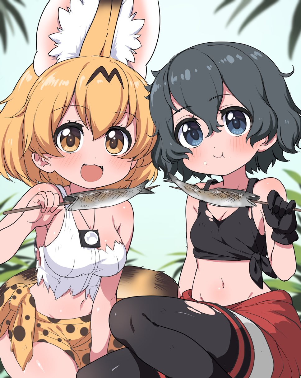 2girls :3 adapted_costume animal_ears bare_shoulders black_gloves black_hair black_legwear black_shirt blonde_hair blue_eyes blush clothes_around_waist commentary_request eating extra_ears eyebrows_visible_through_hair fangs fish gloves highres kaban_(kemono_friends) kemono_friends midriff multiple_girls navel open_mouth pantyhose print_skirt ransusan serval_(kemono_friends) serval_ears serval_girl serval_print serval_tail shirt shirt_around_waist short_hair sitting skirt sleeveless tail tank_top tied_shirt tied_skirt torn_clothes torn_legwear white_shirt yellow_eyes