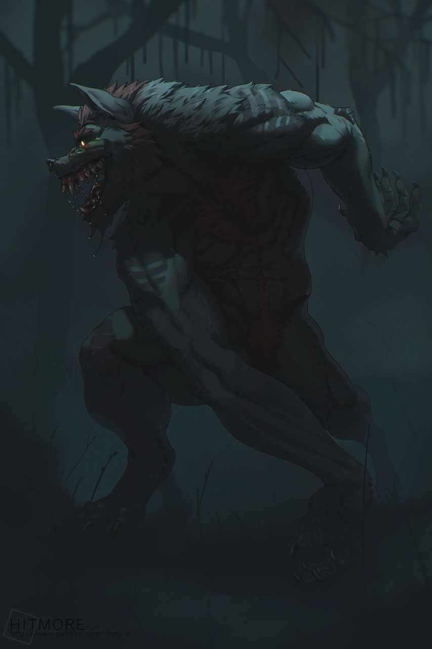5_fingers anthro bodily_fluids canid canine claws detailed_background digital_media_(artwork) drooling facial_hair fingers fur glowing glowing_eyes hair hi_res hitmore male mammal muscular muscular_male open_mouth outside pawpads paws saliva solo standing teeth tongue tree were werecanid werecanine werewolf