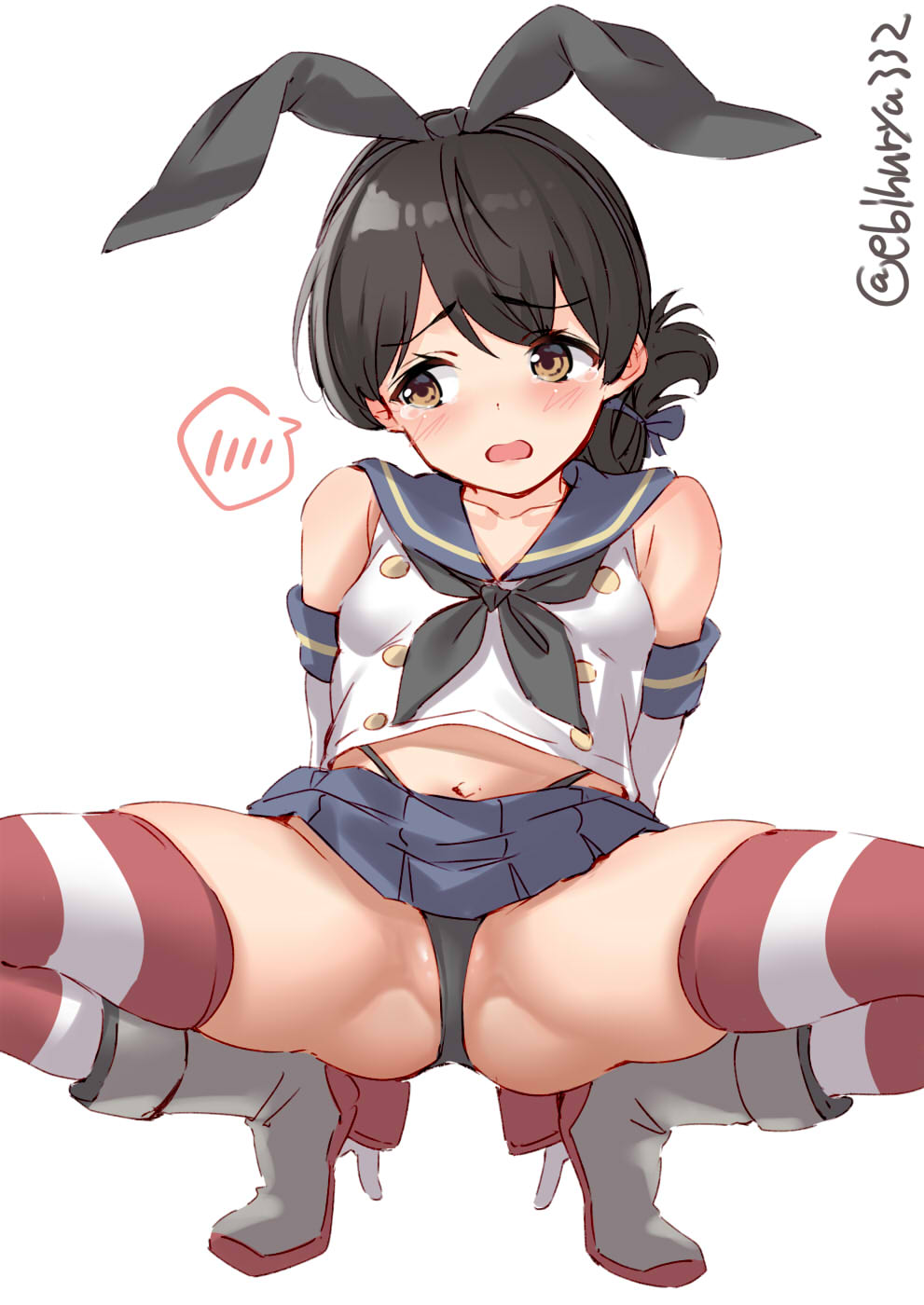 1girl arms_behind_back ass bare_shoulders black_hair black_neckwear black_panties blue_sailor_collar blue_skirt blush brown_eyes collarbone commentary_request cosplay crop_top ebifurya elbow_gloves eyebrows_visible_through_hair full_body gloves hair_between_eyes hair_ornament hairband highleg highleg_panties highres kantai_collection kasuga_maru_(kantai_collection) looking_at_viewer microskirt miniskirt navel neckerchief open_mouth panties partially_visible_vulva pleated_skirt revision sailor_collar school_uniform serafuku shimakaze_(kantai_collection) shimakaze_(kantai_collection)_(cosplay) short_hair simple_background skindentation skirt sleeveless solo spoken_blush spread_legs striped striped_legwear taiyou_(kantai_collection) tearing_up thighhighs twitter_username underwear white_background white_gloves