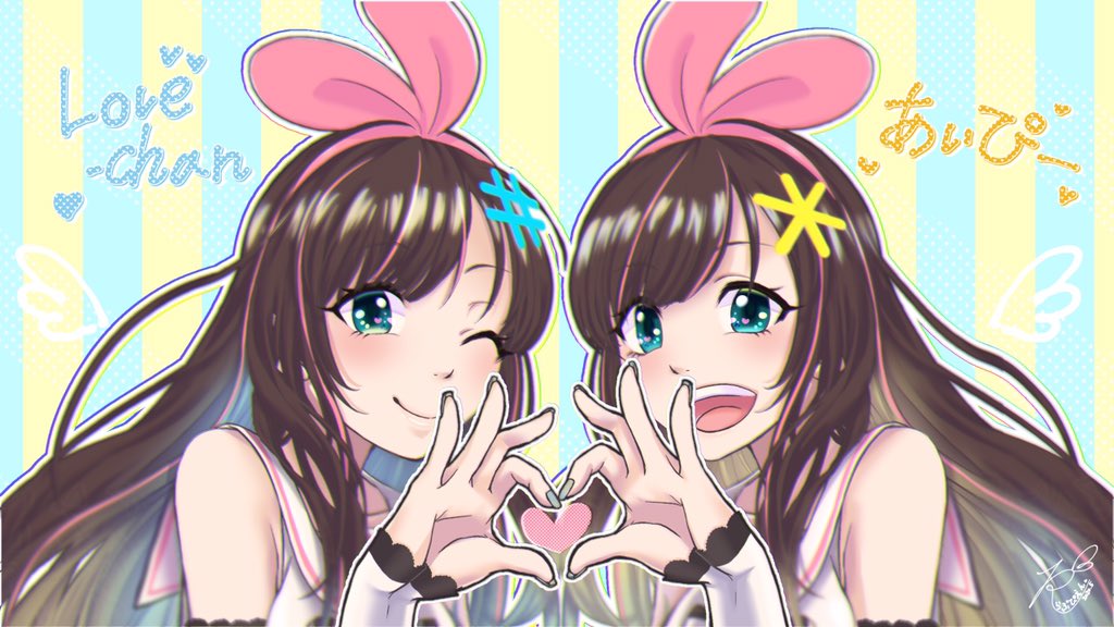 2girls a.i._channel ai-pii_(kizuna_ai) bangs bare_shoulders blue_background blue_eyes blurry bow brown_hair character_name commentary_request depth_of_field eyebrows_visible_through_hair hair_bow hair_ornament hairband hairclip heart heart_hands heart_hands_duo heart_in_eye lace lace-trimmed_sleeves long_hair looking_at_viewer love-chan_(kizuna_ai) love-pii_channel multicolored multicolored_background multicolored_hair multiple_girls one_eye_closed open_mouth pink_bow pink_hair pink_hairband reona_joji sailor_collar shirt signature sleeveless sleeveless_shirt smile streaked_hair striped striped_background swept_bangs symbol_in_eye two-tone_hair virtual_youtuber yellow_background