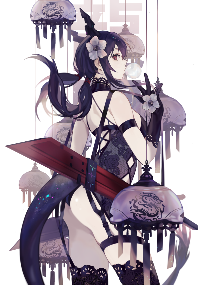 1girl arknights arm_strap ass bare_shoulders black_gloves black_legwear breasts brown_eyes ch'en_(arknights) cowboy_shot elbow_gloves floral_print flower garter_straps gloves hair_flower hair_ornament horns lingerie long_hair looking_at_viewer looking_to_the_side low_twintails medium_breasts print_leotard profile purple_hair rose_print saika_(saika_nyan) sidelocks sideways_glance simple_background solo sword tail thigh_strap thighs twintails underwear v weapon white_background white_flower wind_chime
