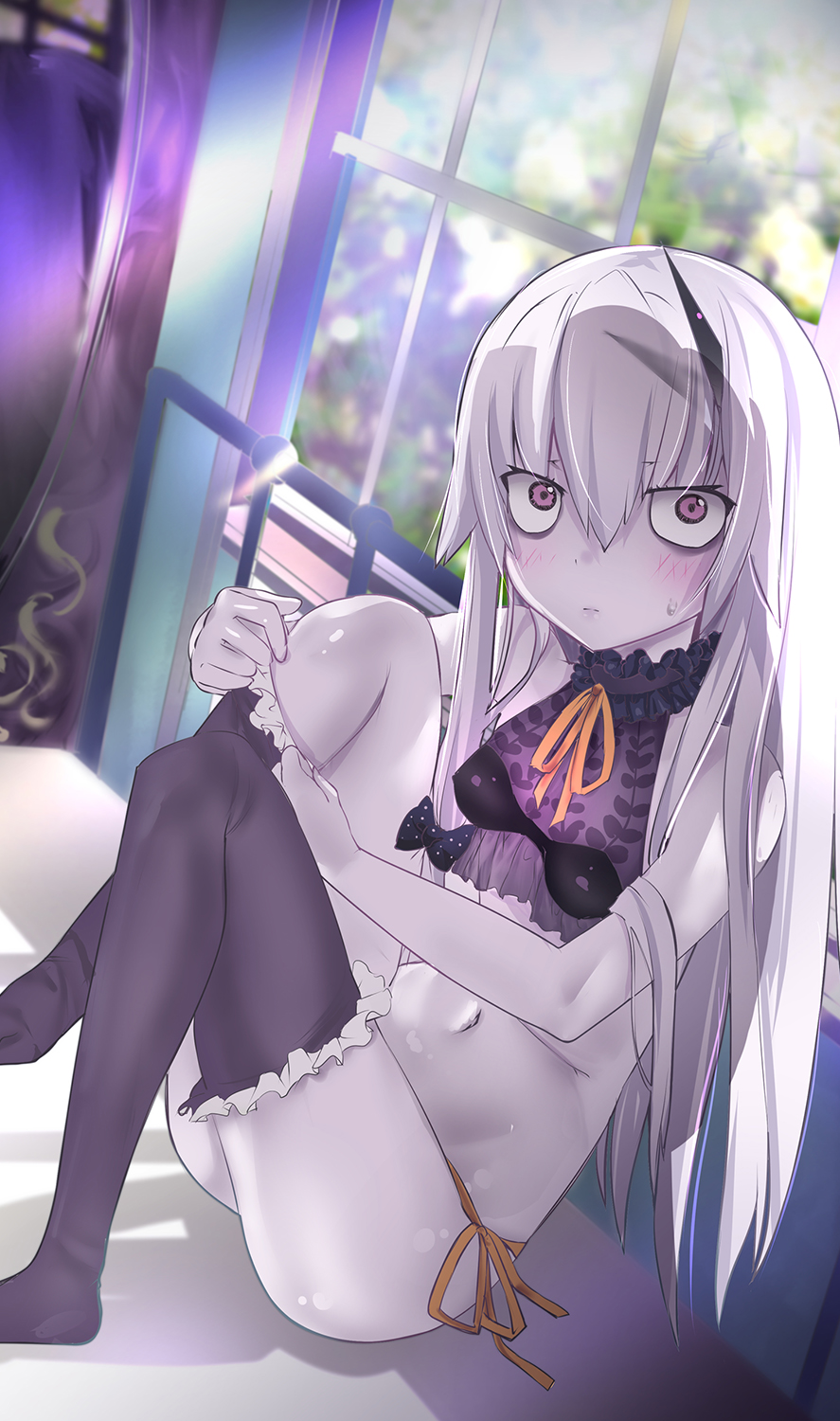 1girl bags_under_eyes bangs bare_shoulders black_bra black_legwear blush bra breasts closed_mouth crop_top fate/grand_order fate_(series) hair_between_eyes highres horn knees_up lavinia_whateley_(fate/grand_order) long_hair looking_at_viewer mezashi_gohan pale_skin purple_eyes see-through sheer_clothes sitting small_breasts thighhighs underwear white_hair wide-eyed window