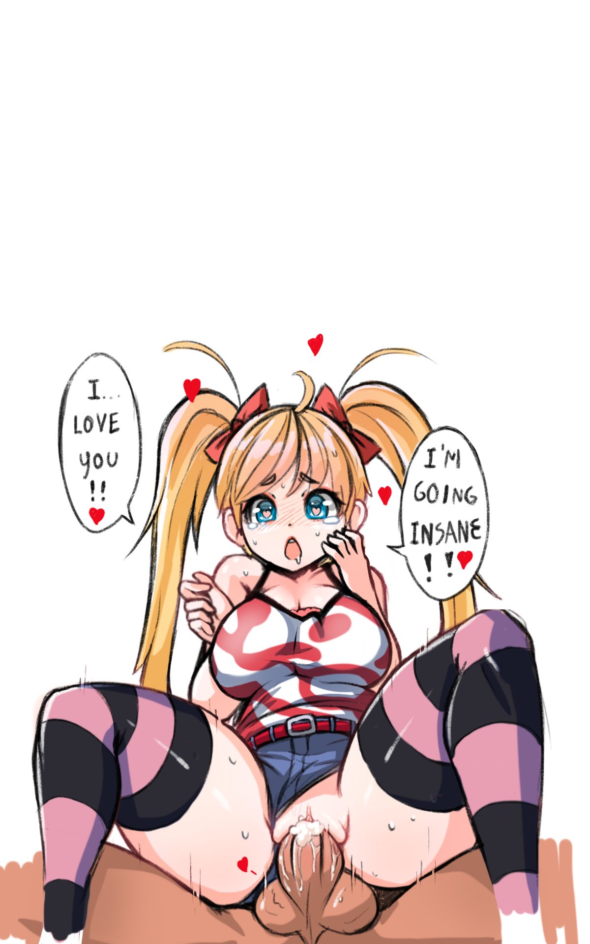 1boy 1girl akizuki_airi blonde_hair blue_eyes blush breasts censored cleavage cum cum_in_pussy el_quijote fucked_silly girl_on_top hair_ribbon heart heart-shaped_pupils hetero highres large_breasts long_hair mouth_drool oni_chichi open_mouth panties pussy reverse_cowgirl_position ribbon sex shirt simple_background solo_focus spread_legs straddling striped striped_legwear symbol-shaped_pupils thighhighs twintails underwear vaginal very_long_hair white_background