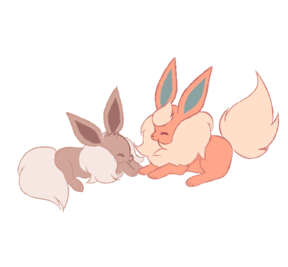 ^_^ charamells closed_eyes closed_mouth commentary creature eevee english_commentary facing_another flareon full_body gen_1_pokemon happy lying no_humans on_stomach pokemon pokemon_(creature) simple_background white_background