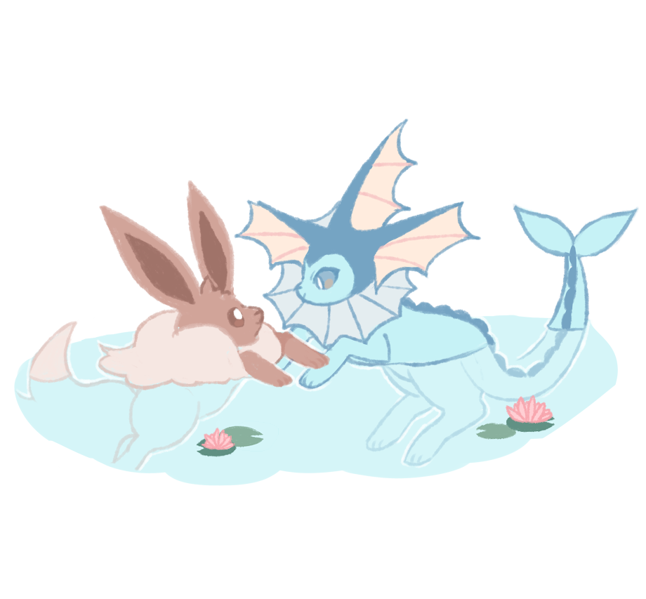 brown_eyes charamells closed_mouth commentary creature eevee english_commentary eye_contact full_body gen_1_pokemon grey_eyes happy lily_pad looking_at_another no_humans partially_submerged pokemon pokemon_(creature) simple_background smile swimming vaporeon water white_background