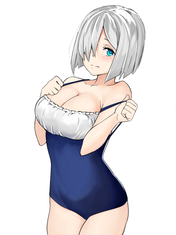 1girl blue_eyes blue_swimsuit breasts casual_one-piece_swimsuit cleavage collarbone cowboy_shot frilled_swimsuit frills fudonari hair_over_one_eye hamakaze_(kantai_collection) kantai_collection large_breasts looking_at_viewer one-piece_swimsuit short_hair silver_hair simple_background solo swimsuit white_background