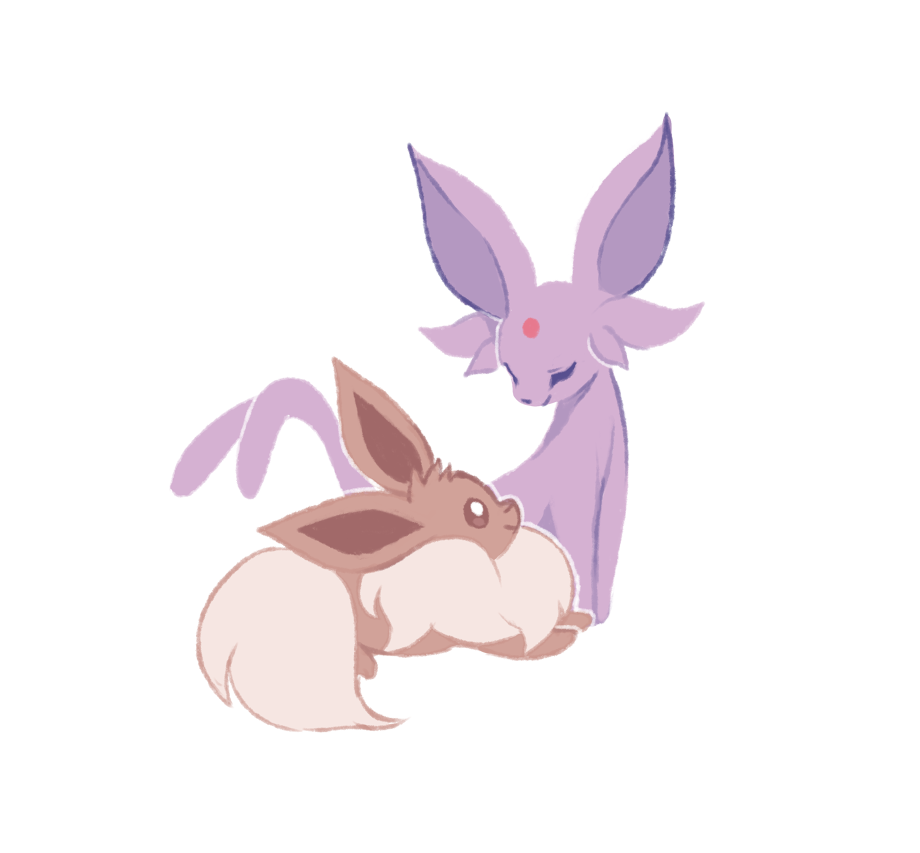 charamells closed_eyes closed_mouth commentary creature eevee english_commentary espeon facing_another full_body gen_1_pokemon gen_2_pokemon happy looking_at_another lying no_humans on_stomach pokemon pokemon_(creature) simple_background sitting smile white_background