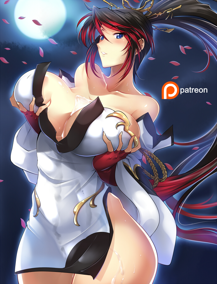 1girl alcohol bangs bare_shoulders black_hair blue_eyes blush breasts bust_cup cleavage cowboy_shot detached_sleeves fingerless_gloves gloves grabbing_own_breast haganef hair_ornament high_ponytail huge_breasts long_hair moon multicolored_hair nanbu_kaguya night night_sky parted_lips patreon_logo petals red_gloves red_hair sake side_slit sky solo super_robot_wars super_robot_wars_og_saga_mugen_no_frontier very_long_hair wet wet_clothes