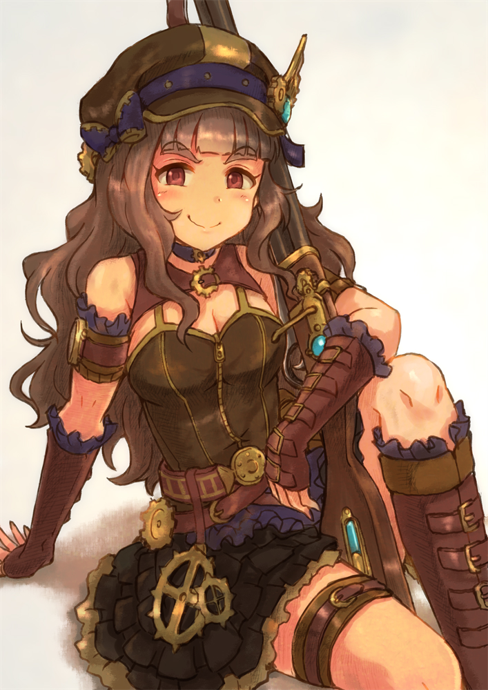 1girl arm_support bangs black_skirt blunt_bangs boots bow breasts brown_footwear brown_gloves brown_hair brown_headwear choker cleavage closed_mouth elbow_gloves eyebrows_visible_through_hair fingerless_gloves frilled_footwear frilled_gloves frills gloves gun hat hat_bow holding holding_gun holding_weapon idolmaster idolmaster_cinderella_girls kamiya_nao knee_boots layered_skirt leaning_back long_hair looking_at_viewer medium_breasts miniskirt purple_bow red_eyes rifle satomura_kyou shiny shiny_hair sitting skirt smile solo thigh_strap very_long_hair weapon white_background zipper