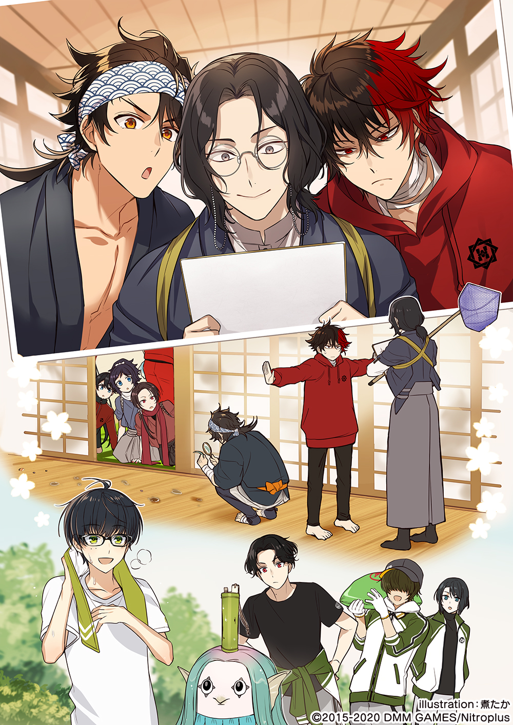 6+boys :d ahoge amabie bandana baseball_cap black-framed_eyewear black_hair blue_eyes brown_hair butterfly_net buzen_gou clothes_around_waist glasses gloves green_eyes grey_eyes hair_over_eyes hakama hand_net hands_in_pockets hat highres hizen_tadahiro hood hoodie horikawa_kunihiro jacket japanese_clothes kashuu_kiyomitsu kotegiri_gou kuwana_gou_(touken_ranbu) magnifying_glass male_focus matsui_gou mole mole_on_neck mole_under_eye mole_under_mouth multicolored_hair multiple_boys mutsu-no-kami_yoshiyuki nankaitarou_chouson nitaka_(fujikichi) official_art open_mouth ponytail red_eyes red_hair red_scarf scarf seigaiha smile squatting sweat touken_ranbu towel towel_around_neck track_jacket track_suit two-tone_hair white_gloves white_scarf yamato-no-kami_yasusada yellow_eyes youkai