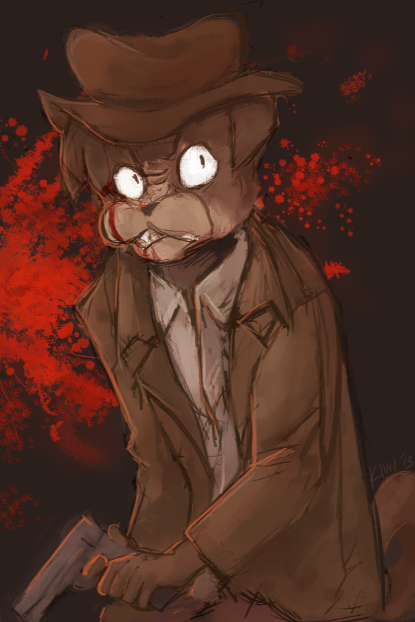 anderson_(nq) angry anthro black_background blood blood_on_face blood_splatter bodily_fluids bottomwear brown_body brown_bottomwear brown_clothing brown_coat brown_fur brown_topwear canid canine canis clothed clothing coat domestic_dog fully_clothed fur gun half-length_portrait handgun hat headgear headwear holding_gun holding_handgun holding_object holding_pistol holding_weapon male mammal nan_quest pistol portrait puffinsional ranged_weapon shirt simple_background snout solo standing tail teeth topwear weapon white_clothing white_shirt white_topwear