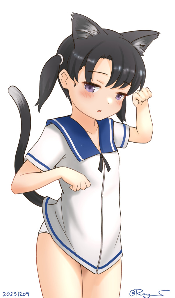 1girl animal_ears black_hair blue_sailor_collar cat_ears cat_tail dress kantai_collection one-hour_drawing_challenge panties purple_eyes ray.s sailor_collar sailor_dress shoes short_hair short_sleeves shounan_(kancolle) simple_background solo tail twintails underwear uwabaki white_background white_dress white_panties