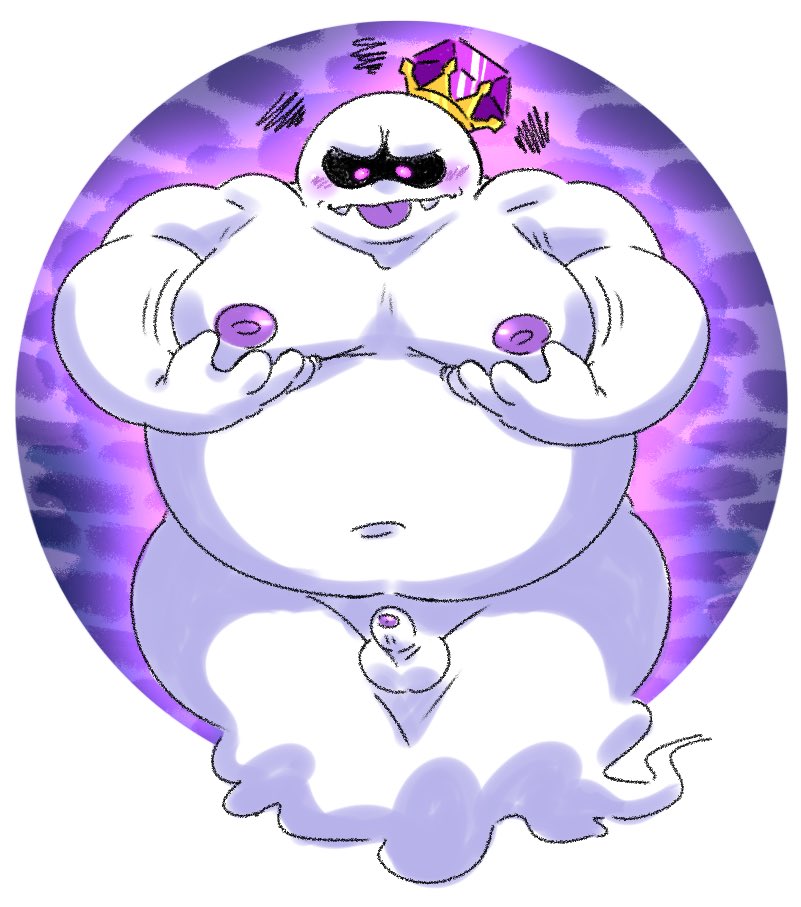 anommyself balls belly blush boo_(mario) genitals ghost humanoid humanoid_genitalia humanoid_penis king_boo luigi's_mansion male mario_bros moobs nintendo nipples not_furry overweight overweight_humanoid overweight_male penis purple_nipples purple_tongue solo spirit tongue white_balls white_belly white_body white_penis