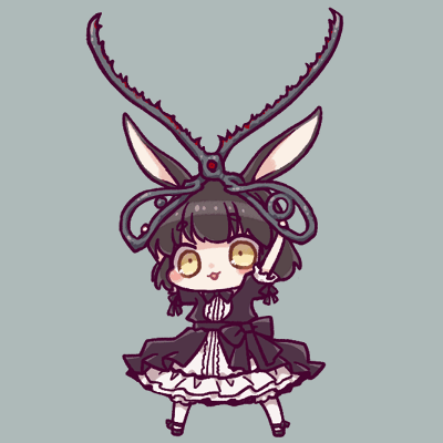 1girl :3 \o/ animal_ears arms_up black_bow black_bowtie black_dress black_footwear black_hair bow bowtie center_frills chibi commentary_request dated_commentary dress dress_bow frilled_dress frills full_body grey_background holding holding_scissors legs_apart looking_at_viewer lowres medium_hair open_mouth original outstretched_arms puffy_short_sleeves puffy_sleeves rabbit_ears rakuni scissors short_sleeves simple_background solo standing thick_eyebrows white_dress yellow_eyes