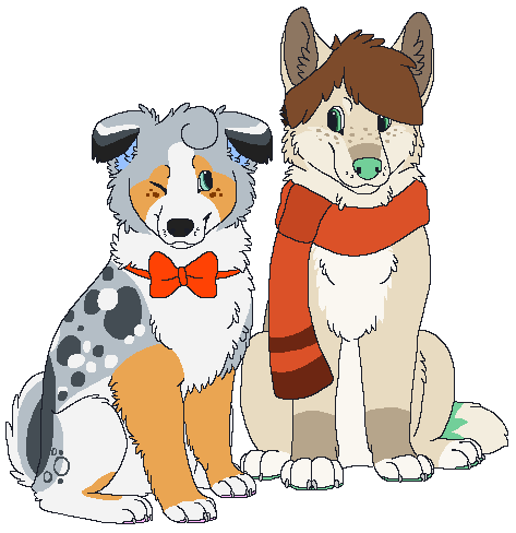 2014 aliasing alpha_channel australian_shepherd blue_eyes blue_inner_ear bluekyokitty bow_tie brown_hair brown_inner_ear brown_markings button_ears canid canine canis claws digital_drawing_(artwork) digital_media_(artwork) digitigrade domestic_dog duo eye_contact feral feral_with_hair flat_colors floppy_ears freckles full-length_portrait fur green_eyes green_markings green_nose green_pawpads grey_body grey_claws grey_fur hair herding_dog looking_at_another low_res mammal markings one_eye_closed orange_scarf pastoral_dog pawpads paws pink_pawpads portrait red_bow_tie scarf sebdoggo sheepdog simple_background sitting smile snout spots spotted_body spotted_fur tail tan_body tan_fur transparent_background wink