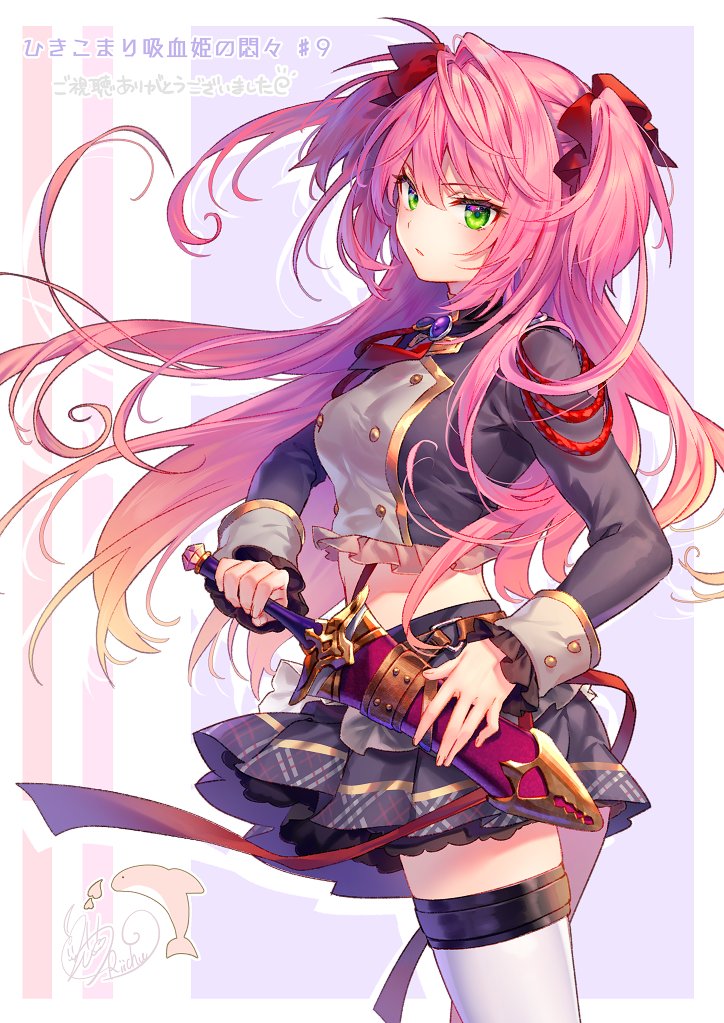 1girl aiguillette black_skirt blonde_hair buttons colored_tips crop_top double-breasted green_eyes hair_ribbon hikikomari_kyuuketsuki_no_monmon holding holding_knife knife long_hair long_sleeves midriff multicolored_background multicolored_hair navel nelia_cunningham pink_hair pleated_skirt purple_brooch red_ribbon ribbon riichu sheath sheathed signature skirt solo thighhighs two_side_up white_thighhighs