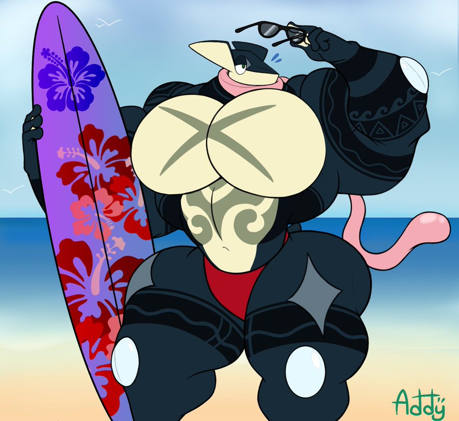 addylizard anthro beach big_breasts big_muscles blue_body breasts clothed clothing day eyewear flower_motif generation_6_pokemon greninja holding_object huge_breasts huge_muscles hyper hyper_muscles long_tongue male markings muscular nintendo pokemon pokemon_(species) sea seaside solo speedo standing sunglasses surfboard swimwear tongue underwear underwear_only water