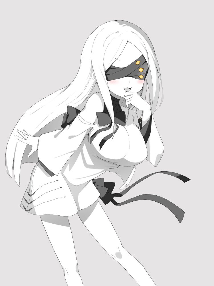 1girl alternate_breast_size blindfold blue_archive blush breasts colored_skin covered_eyes dress edobox feet_out_of_frame grey_background large_breasts long_hair long_sleeves ohr_(blue_archive) open_mouth simple_background smile solo white_dress white_hair white_skin