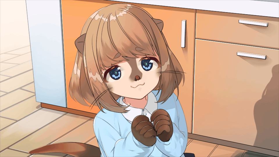 1girl animal_ears animal_hands araya_(monster_musume) artist_request blue_eyes blue_shirt brown_hair drawer game_cg indoors looking_at_viewer monster_musume_no_iru_nichijou monster_musume_no_iru_nichijou_online official_art otter_girl shirt short_hair whiskers