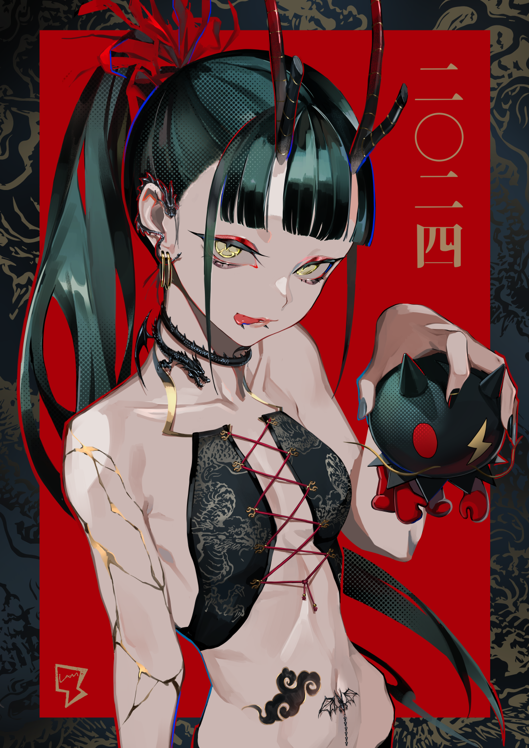 1girl 2024 :p bare_shoulders breasts choker dragon_horns earrings eyeliner green_hair highres horns jewelry lam_(ramdayo) long_hair looking_at_viewer makeup navel navel_piercing original piercing ponytail revealing_clothes small_breasts smile solo tattoo tongue tongue_out yellow_eyes