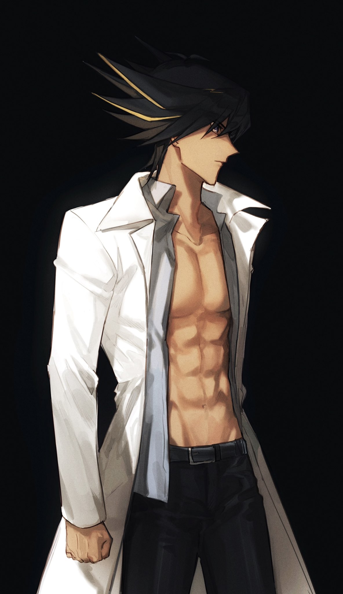 1boy abs belt black_background black_hair black_pants blue_eyes chinese_commentary clenched_hand coat commentary facing_to_the_side grey_shirt highres lab_coat male_focus multicolored_hair muscular muscular_male naoki_(2rzmcaizerails6) official_alternate_costume open_clothes open_coat pants pectorals shirt simple_background solo spiked_hair streaked_hair unbuttoned unbuttoned_shirt upper_body white_coat yu-gi-oh! yu-gi-oh!_5d's