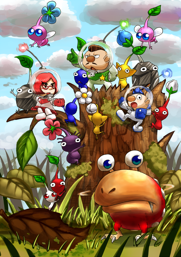 1girl 2boys alph_(pikmin) autumn_leaves backpack badge bag big_nose black_eyes black_skin blue_bag blue_eyes blue_gloves blue_hair blue_light blue_pikmin blue_skin blue_sky brittany_(pikmin) brown_hair bud bulborb charlie_(pikmin) clenched_hand climbing cloud colored_skin commentary_request day eyelashes facial_hair fang fang_out flower flying freckles from_behind gauge gloves grass green_gloves green_light half-closed_eyes hand_on_another's_arm hand_on_another's_hand hand_on_own_hip helmet insect_wings leaf looking_ahead looking_at_another looking_at_viewer looking_back mini_person miniboy minigirl miniskirt mohawk moss multiple_boys mustache no_mouth nostrils open_mouth outdoors pale_skin pikmin_(creature) pikmin_(series) pink_flower pink_gloves pink_hair pink_light pink_skin pink_skirt plump pointing pointing_forward pointy_ears pointy_nose polka_dot purple_hair purple_pikmin purple_skin radio_antenna reaching red_eyes red_pikmin red_skin rock rock_pikmin short_hair sitting_on_branch skirt sky smile solid_eyes space_helmet spacesuit star_(symbol) tree_stump triangle_mouth very_short_hair whistle white_pikmin white_skin winged_pikmin wings yamato_koara yellow_pikmin yellow_skin