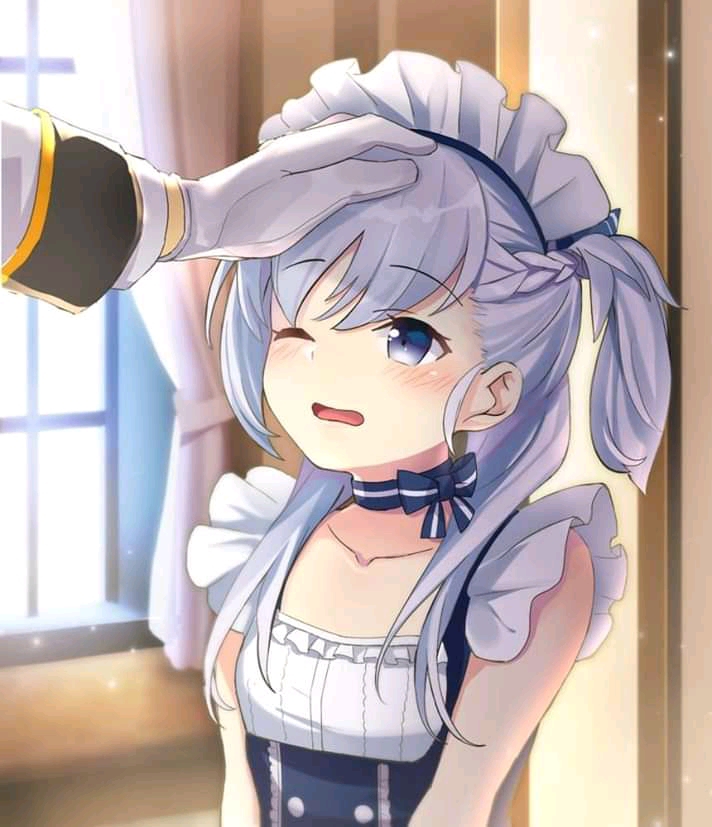 1girl azur_lane belchan_(azur_lane) belfast_(azur_lane) blue_bow blush bow braid collarbone commander_(azur_lane) commentary english_commentary eyebrows_visible_through_hair flat_chest gloves grey_eyes grey_hair hand_on_another's_head long_hair looking_at_another maid_headdress one_eye_closed open_mouth out_of_frame pantsu_majirou petting solo_focus wavy_mouth white_gloves