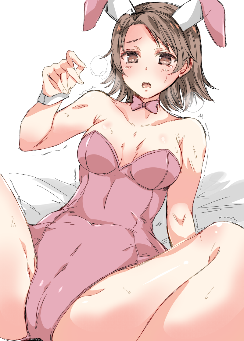 1girl abenattou alternate_costume animal_ears bangs bed_sheet blush bow bowtie breasts brown_eyes brown_hair bunny_ears bunnysuit cameltoe commentary fake_animal_ears girls_und_panzer leotard looking_at_viewer lying medium_breasts on_back on_bed open_mouth parted_bangs pink_leotard pink_neckwear sawa_azusa short_hair solo spread_legs sweat tearing_up trembling white_background wrist_cuffs