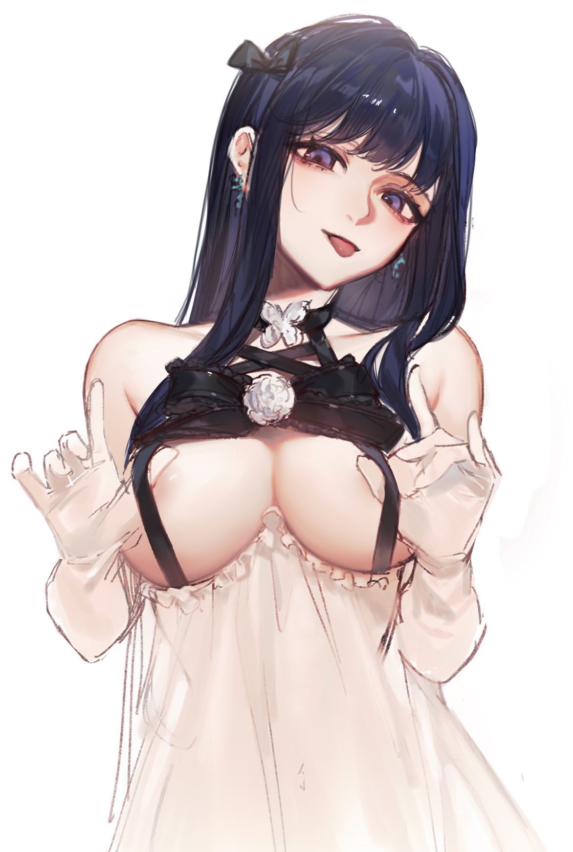 1girl :p bare_shoulders black_bow blue_eyes blue_hair bow breasts check_copyright commentary copyright_request dress earrings gloves highres jewelry large_breasts long_hair looking_at_viewer original pulled_by_self revealing_clothes simple_background sketch smilesmile1312 solo strap_pull symbol-only_commentary tongue tongue_out upper_body white_background white_gloves