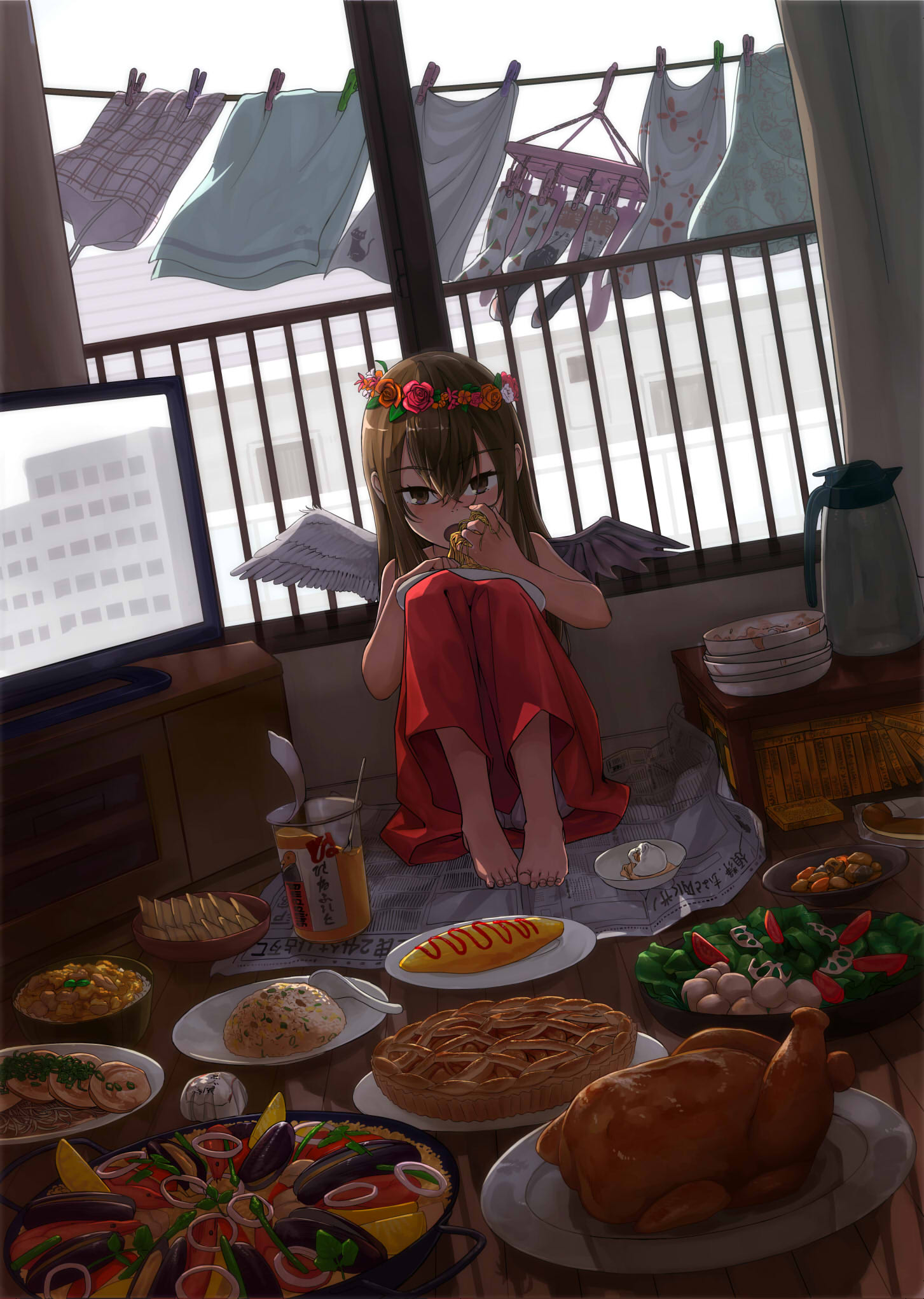 1girl angel_wings brown_eyes brown_hair child commentary_request dutch_angle eating feathered_wings food fried_rice head_wreath highres laundry long_hair long_skirt mussel newspaper noodles original pie plate red_skirt salad skirt solo television turkey_(food) wings yano_keito