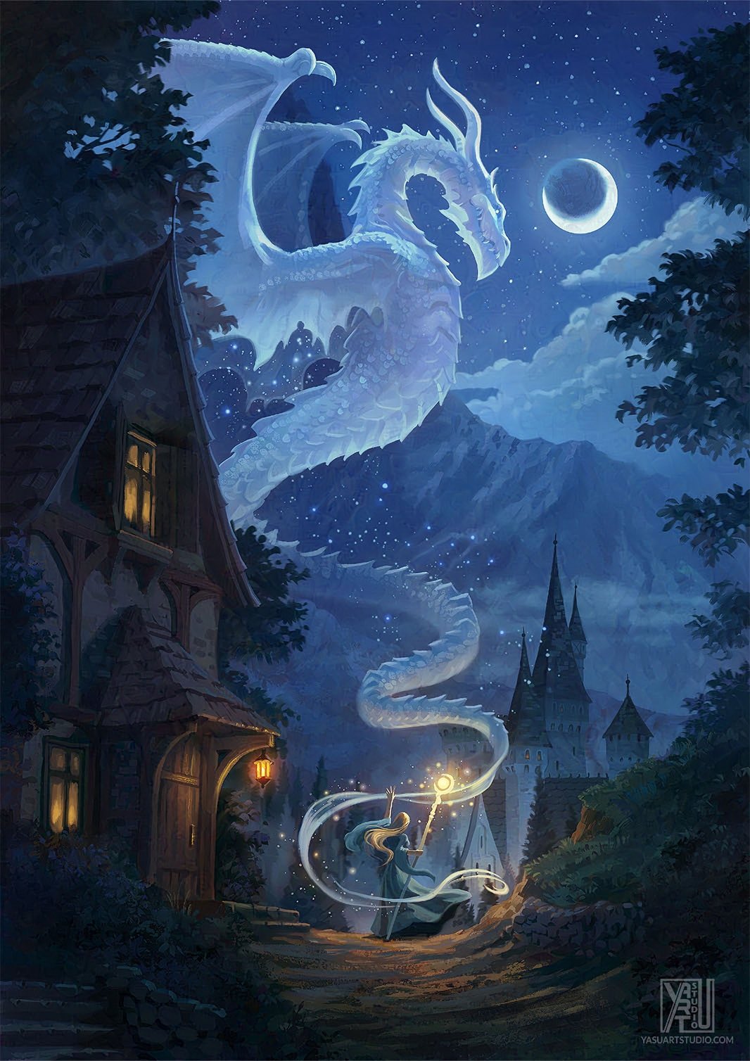 1girl arm_up artist_name blonde_hair blue_dress building casting_spell castle cloud commentary crescent_moon door dragon dress english_commentary fantasy highres holding holding_staff horns house lantern long_hair magic moon mountain night night_sky original outdoors outstretched_arm scenery sky staff standing star_(sky) starry_sky tree window wings wyvern yasustudio