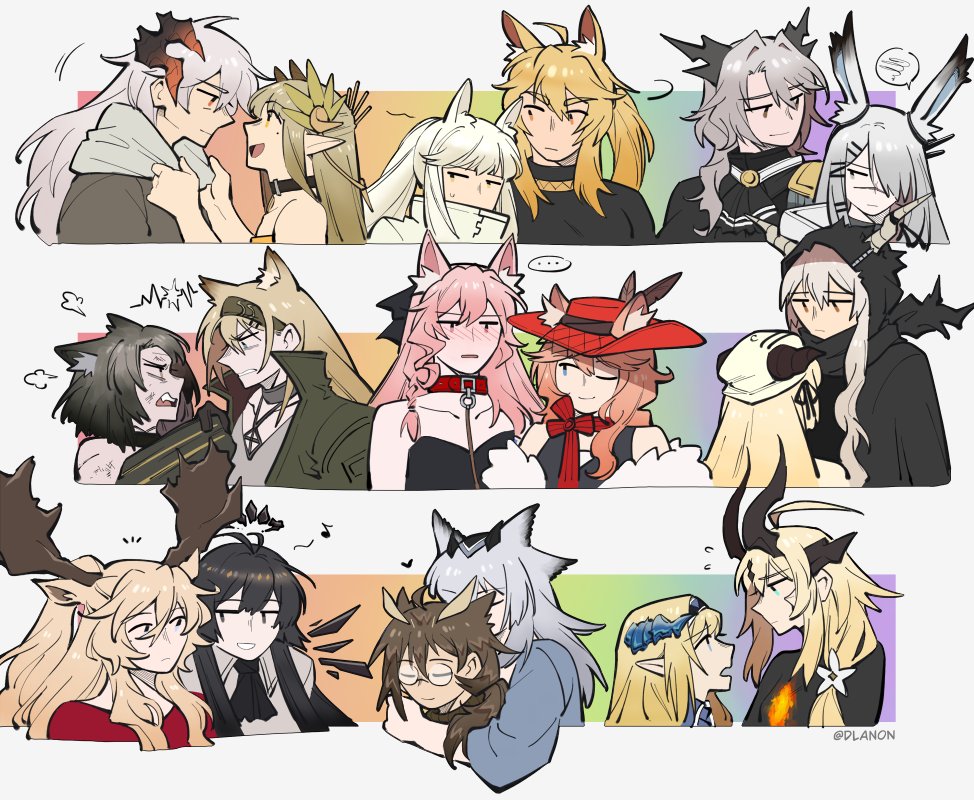 ... 6+girls :d ahoge animal_collar animal_ear_fluff animal_ears antlers arknights ascot bare_shoulders black_ascot black_choker black_hair black_halo black_shirt black_wings blonde_hair blue_eyes blue_shirt blush bruise cape cat_ears cat_girl choker closed_eyes clothes_grab clothes_tug collar deer_antlers deer_ears deer_girl demon_girl demon_horns dlanon dragon_girl dragon_horns ear_ornament ears_through_headwear eighth_note energy_wings extra_ears fang flower flying_sweatdrops frostnova_(arknights) glasses green_hairband green_jacket grey_hair grey_sweater hair_flower hair_ornament hair_over_one_eye hairband hairclip halo hat heart heidi_(arknights) height_difference hood hood_up hooded_cape horn_(arknights) horns horns_through_headwear horns_through_hood horse_ears horse_girl hug hug_from_behind injury jacket jewelry laurels leash long_hair long_sleeves looking_at_another low_ponytail mandragora_(arknights) mole mole_under_eye muelsyse_(arknights) multiple_girls musical_note nearl_(arknights) necklace nightingale_(arknights) open_mouth orange_eyes owl_ears platinum_(arknights) pointy_ears ponytail pozyomka_(arknights) ptilopsis_(arknights) rabbit_ears rabbit_girl red_collar red_headwear red_shirt reed_(arknights) saileach_(arknights) saria_(arknights) scar scar_on_face scar_on_nose shining_(arknights) shirt sidelocks silence_(arknights) smile spoken_ellipsis spoken_squiggle squiggle strapless sweater sweater_tug talulah_(arknights) virtuosa_(arknights) viviana_(arknights) white_hair white_headwear white_jacket wings wolf_ears wolf_girl yuri