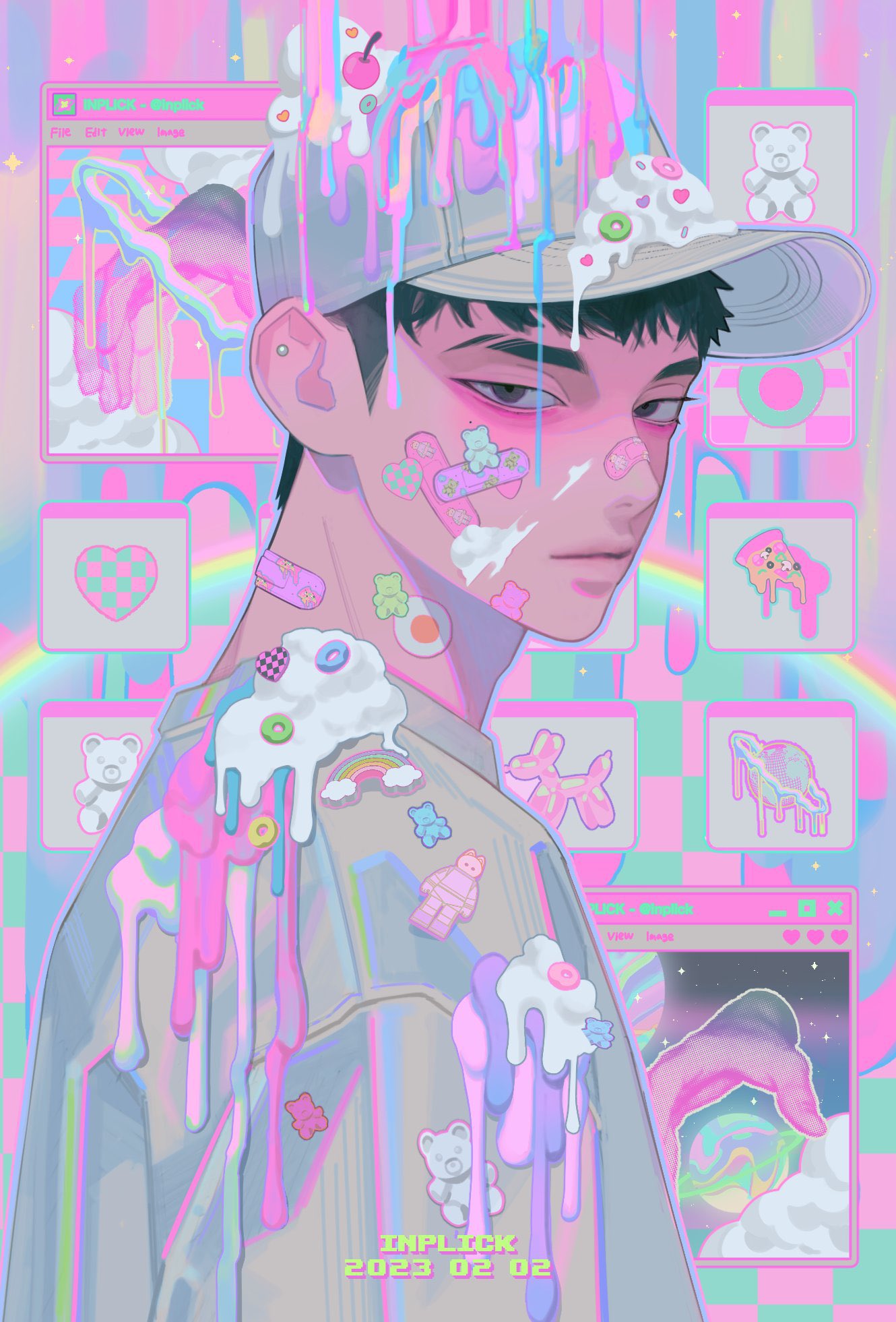 1boy bandaid bandaid_on_cheek bandaid_on_face bandaid_on_nose baseball_cap black_eyes black_hair colorful ear_piercing eyebrow_cut food food_on_clothes food_on_face half-closed_eyes hat highres inplick korean_commentary looking_at_viewer male_focus melting original piercing pizza short_hair solo sticker_on_face stuffed_animal stuffed_toy sweater teddy_bear upper_body white_headwear white_sweater